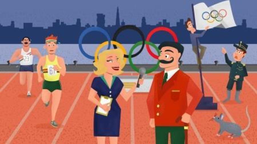 Illustratie 100 jaar Olympische Spelen - interview op voorgrond met Antwerpse skyline, olympische ringen en verschillende sporters op achtergrond.